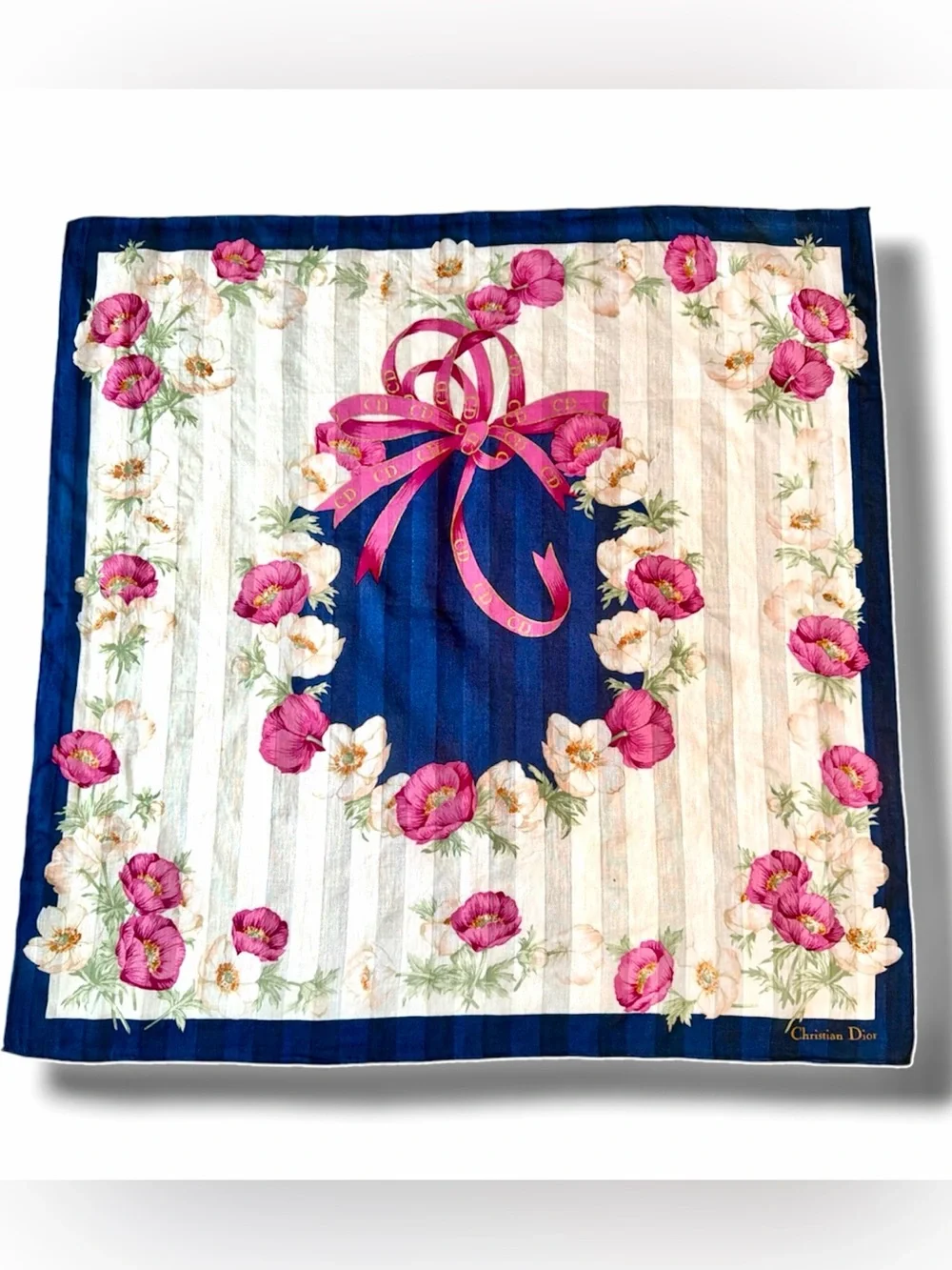 Christian Dior Scarf Blue & White stripes, Floral & Vibrant Pink CD Ribbon
